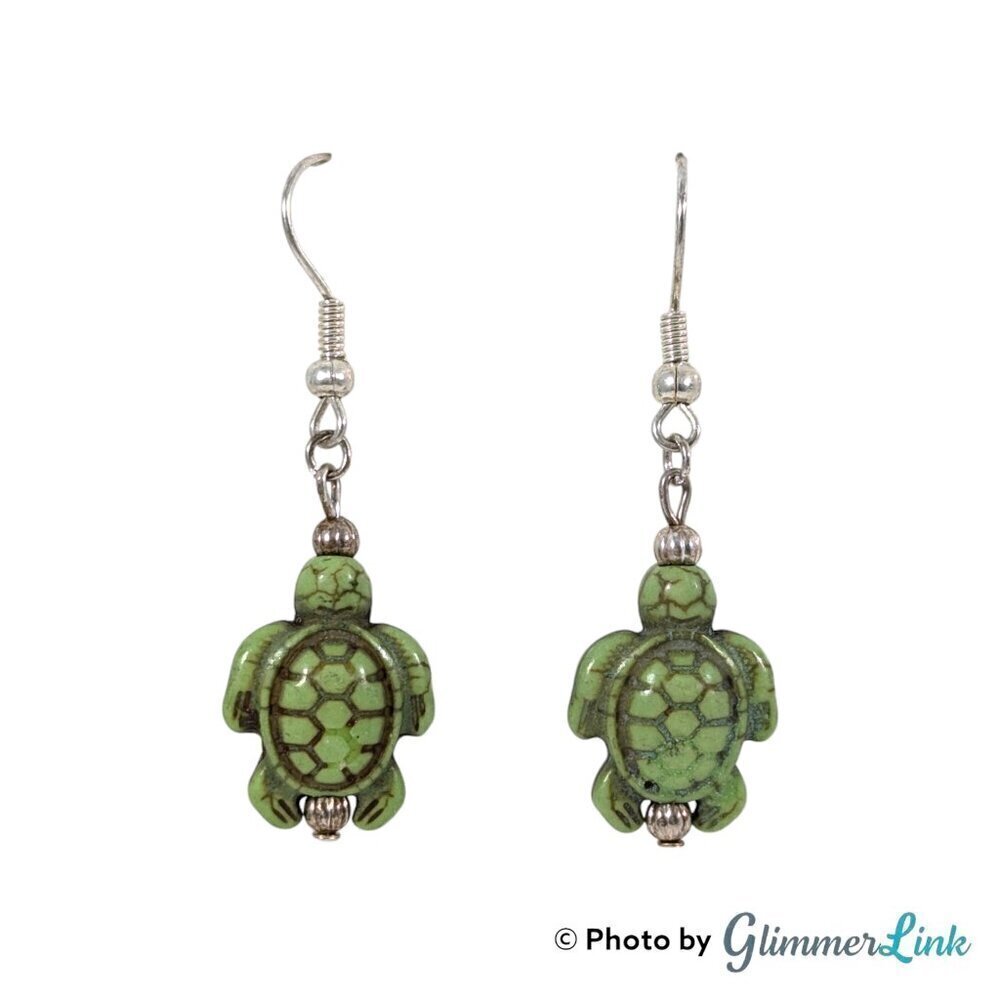 Green Painted Ceramic Sea Turtle Silver Tone Dangle Earrings